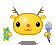 Pixelated yellow deer-like character with brown antlers, black eyes, red nose, and orange mouth holding a blue microphone with checkered top.