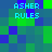 Pixelated of blue and green squares with cyan text reading 'ASHER RULES' in four positions