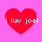 Four red heart shapes on a pink background, each containing white text reading 'i luv joel' in a pixelated font.