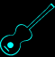 Animated turquoise guitar outline with circular sound hole, rotating through multiple angles against black background with vertical white divider lines.