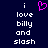 Dark blue background with white pixelated text reading "i love billy and slash" on both sides, a pink heart symbol above the left side.
