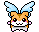 Pixel art hamster-like character with light blue wings, orange-brown fur, white face and chest, pink cheeks, black eyes, and a small mouth on gray background.