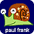 Pixelated snail with brown shell and green body on dark blue background, white text below reads 'paul frank'