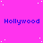 A bright pink background with scattered white dots and repeated blue text reading 'Hollywood' in a pattern, with one gray rectangle partially visible on the right edge
