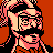 Pixelated 48x48 static icon of a character with black hair, glasses, and red clothing against an orange background.
