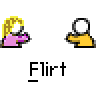 Animated contact sheet of 12 frames showing a pixel art flirt icon with two stick figures exchanging hearts and gestures against gray background.
