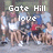 Pixelated group image with overlaid text 'Gote Hill' and 'love' in white block letters, featuring multiple figures in varied clothing against a blurred background.