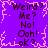 Purple background with pink jagged border, repeating text phrases in dark brown pixelated font arranged in four