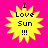 Four identical yellow starburst shapes with black text "I Love Sun !!!" on a bright pink background.
