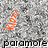 A static image shows a gray textured background with orange spiral shapes and the word 'paramore' in black and orange text.
