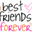 Pixelated icon with text and symbols: 'best friends forever' in black and pink, a yellow duck with 'MIGHTY KARLY', and green leaves with 'SUPER SARA'.