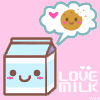 Pixel art of a smiling milk carton with a thought bubble showing a cookie and heart on pink background.