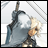Pixelated static image of a character with light-colored hair and dark clothing against a white background, featuring visible dithering and compression artifacts.