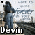 Pixelated static image of a figure in blue clothing with arms extended, standing against a light background with text elements and the name 'Devin' at bottom.