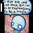 Animated pixel art of a blue character with large eyes on a pink background, showing text bubbles and changing text overlays.