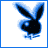 A blue-toned Playboy bunny icon with a stylized rabbit head and ears, displayed in a of animated frames showing text variations beneath it