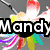A colorful flower-shaped icon with a black center and rainbow-colored petals, featuring the text "Mandy" in white letters on a black background.