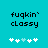 Pixelated text 'fuqkin' classy' in black on cyan background with five white and light blue plus signs below, two versions showing animation change.