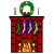 Static pixel art icon of a red brick fireplace with green wreath, stockings, and fire, featuring Christmas-themed elements on a gray background.