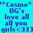 Blue text on cyan background repeats 'Cosmo BG's love all all you girls <333' in a pattern with small white sparkles