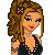 Pixel art of a woman with curly brown hair, blue eyes, and red lips wearing a black top and necklace, next to a partial figure in dark pants and a strapless top, a dark dress, and pink text elements.
