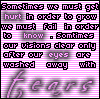 A static contact sheet of two animated frames showing pixelated text on a pink striped background with the word 'fears' in cursive at the bottom.