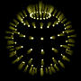 Five circular animated icons with glowing yellow-green particles radiating outward from a central dark core against black backgrounds, arranged in two