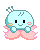 Pixelated light blue character with pink flower-like base, small antennae, and orange cheek marks in multiple poses including smiling, neutral, and resting.