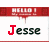 Animated sequence showing the name 'Jesse' with varying red and black lettering under a red banner reading 'HELLO!'.