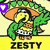 Pixelated cartoon character with green sombrero and cape, yellow face, orange mouth, brown body, white belt with 'ZESTY' text on it.