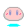 Pixelated pink blob with gray outline, blue vertical eyes, red cheek dots, and cyan base; two expressions show open eyes or closed eyes with winking eyelashes.