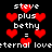 Pixelated red hearts and white text on black background display 'steve plus bethy = eternal love' in two repeated sections.