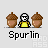 Pixel art character with white face and yellow shirt flanked by two brown acorns, text "Spurlin" below, some frames show "HEH..." speech bubble.