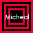 Four display a red and black square pattern with the text "Micheal" overlaid, each showing distinct nested square arrangements
