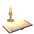 Animated sequence of an open book with pages turning under a candle, displayed in a of showing sequential page movement
