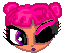 Pixelated cartoon head with pink hair in two buns, large eyes showing different expressions across frames.