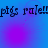 Blue and purple gradient background with repeated text 'pigs rule!!' in dark blue pixelated font, arranged in two