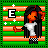 Pixel art of a character with long black hair and orange skin wearing white shirt and checkered shorts against green-orange striped background with white stars.