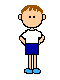 Pixelated cartoon boy in white shirt and blue shorts with two distinct poses against gray background.