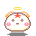 Pixelated angel icon with pink cheeks, red star on forehead, and golden halo; transitions from closed mouth to open mouth then disintegrates into colorful particles.