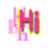 Pixelated text 'hi' rendered in pink and yellow hues with overlapping color layers on a white background.