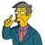 Pixelated cartoon character with yellow skin, gray hair, and glasses wearing a teal suit, purple shirt, and orange tie holding up one finger.