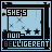 Pixelated icon with light blue background showing 'SHE'S' text above 'non-' and 'BELLIGERENT' text below, framed by black border with star and X symbols.