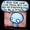 Static cartoon icon of a blue character with large eyes and a heart on its chest, accompanied by a speech bubble containing text about pretending to be a ninja.