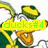 Animated cartoon duck with green and yellow feathers, orange beak, white face, black eye, wearing a hat with banana-like shapes.