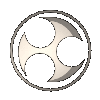 A metallic circular icon with three curved cutouts, shown in multiple views from full front to side profiles against a gray background.