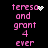 Pixelated pink text on black background with animated white sparkles near 'teresa' and a heart symbol, repeating the phrase 'teresa and grant 4 ever'.