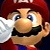 Pixelated close-up of a character with red hair, blue eyes, black mustache, white gloves, and red clothing with blue accents.