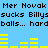 Blue background with black pixelated text repeating 'Mer Novak sucks Billyssucks Billys balls... hardballs... hard' and yellow horizontal bars in two