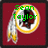 Four display a circular logo with a Native American head profile, feathered headdress, and red background, with green text overlays changing